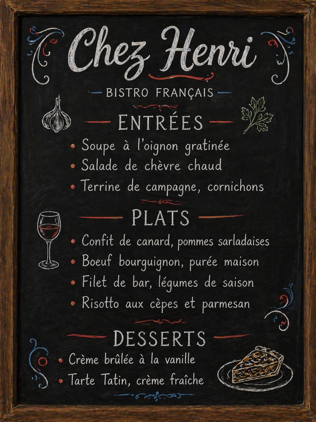 ChatGPT output: French bistro menu