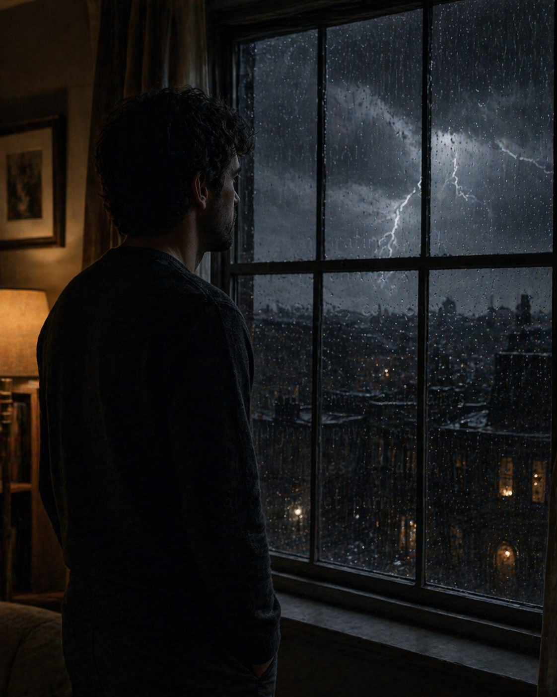 ChatGPT output: a man at a window during a storm