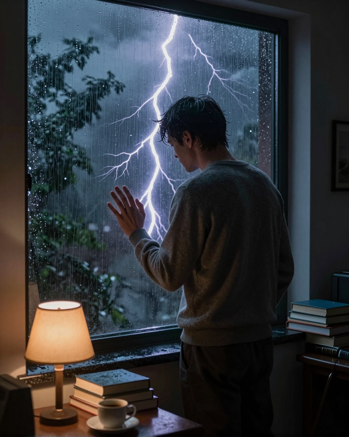 ZSky AI — a man at a window during a storm