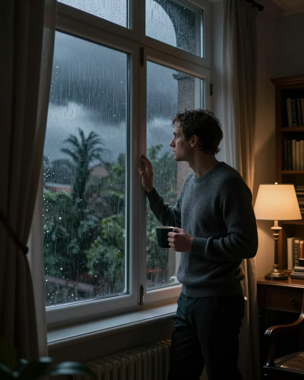 ZSky AI output: a man at a window during a storm