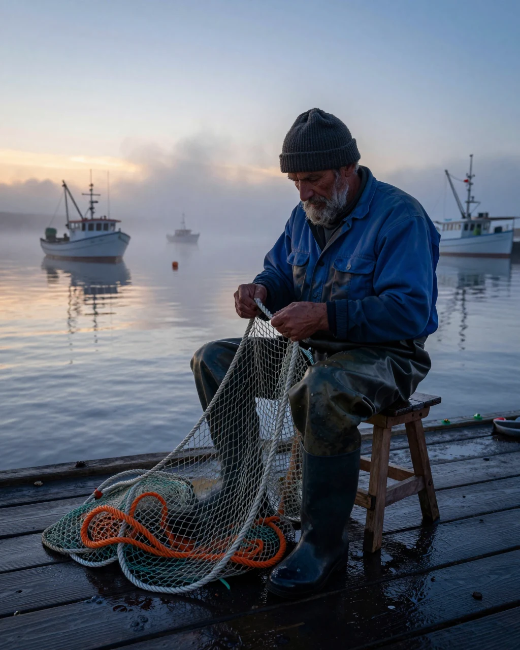 ZSky AI output: fisherman mending nets