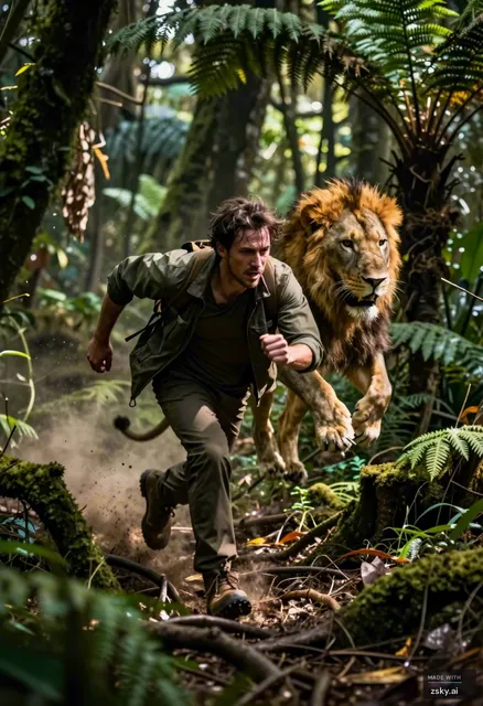 Photorealistic action sequence set in a dense, ancient temperate rainforest.
