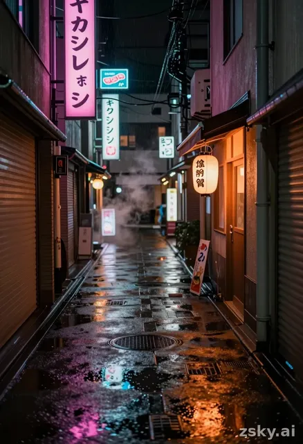 Wide cinematic anamorphic shot of an empty Tokyo back alley at night, neon kanji signs flickering pink and cyan above wet…
