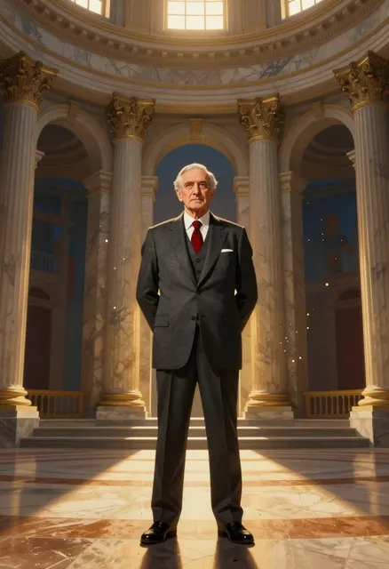 A photorealistic digital painting in the style of a grand historical mural, eye-level wide shot capturing a majestic…