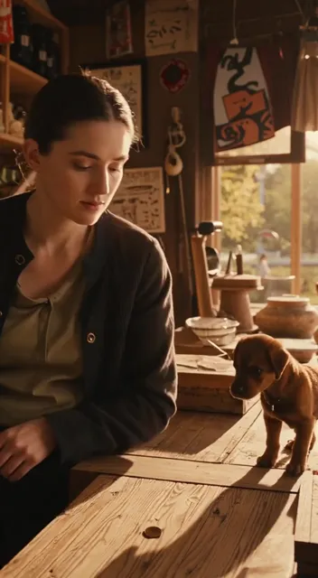 Cinematic scene shot in golden hour light, soft and warm with long shadows stretching across a wooden shop counter.