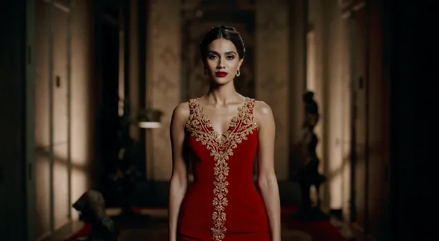 Elegant Indian female model, confident pose, wearing a bold, glamorous red velvet gown with intricate golden embroidery…
