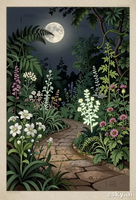 A moonlit night garden scene illustrated in vintage botanical engraving style, flowering medicinal herbs and wildflowers…