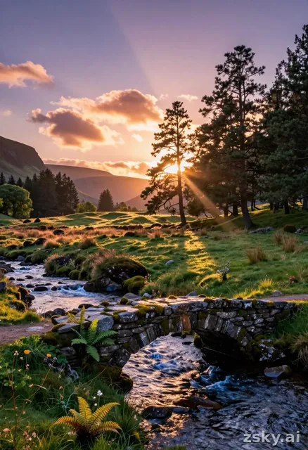 A photorealistic landscape composition centered on a serene, expansive valley bathed in the warm, golden-hour amber light of…