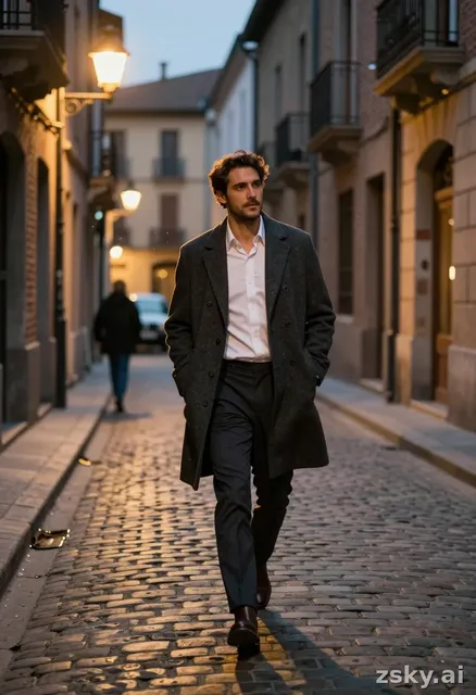A photorealistic cinematic street scene centered on a solitary male figure in motion.