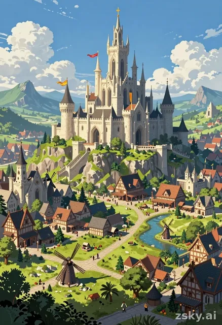 A majestic digital painting of a sprawling fantasy kingdom, rendered in the style of high-fantasy concept art with intricate…
