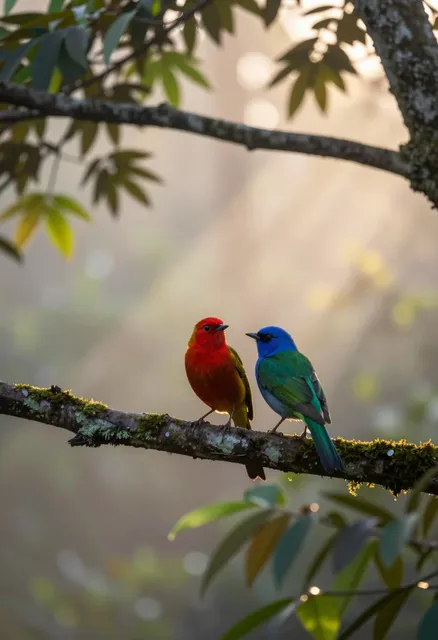 A photorealistic nature photography scene capturing a serene early morning moment in a dense forest.