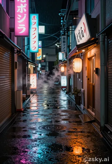 Wide cinematic anamorphic shot of an empty Tokyo back alley at night, neon kanji signs flickering pink and cyan above wet…