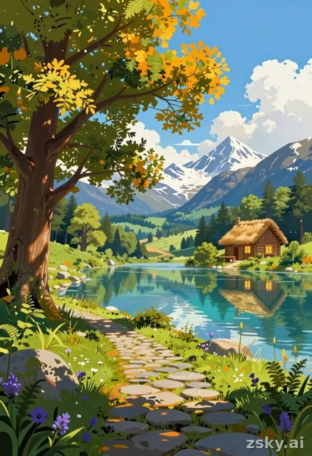 A vibrant, fully colored digital painting of a whimsical fantasy landscape rendered in a lush, painterly style reminiscent…