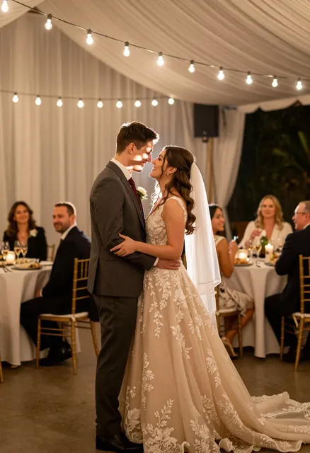 A photorealistic wedding scene captured in a warm, romantic style with a focus on intimate elegance.