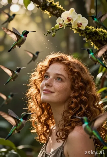 Cinematic close-up of a young woman with curly auburn hair and freckled skin, standing in a sun-dappled jungle clearing at…