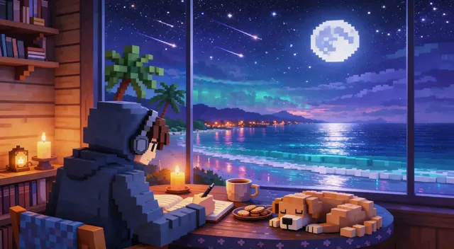 A static Minecraft-style nighttime scene with no camera movement, designed for a seamless loop.