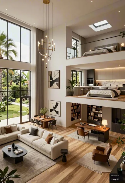 A photorealistic architectural visualization of a luxurious three-story modern mansion, designed as a seamless virtual tour.