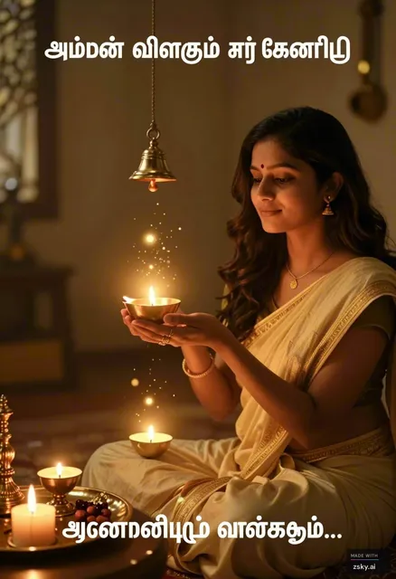 woman: “அம்மன் விளக்கும் ஒரு கைபிடி மணியும் வாங்கணும்...” 🖼 IMAGE PROMPT Glowing Kamakshi lamp and pooja bell visualized in…