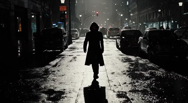 A cinematic, ultra realistic video of a mysterious figure walking through a dark neon city at night.