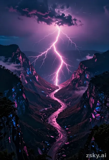 Wide aerial cinematic shot of neon-pink lightning rivers flowing through deep dark mountain valleys at night, the bolts…