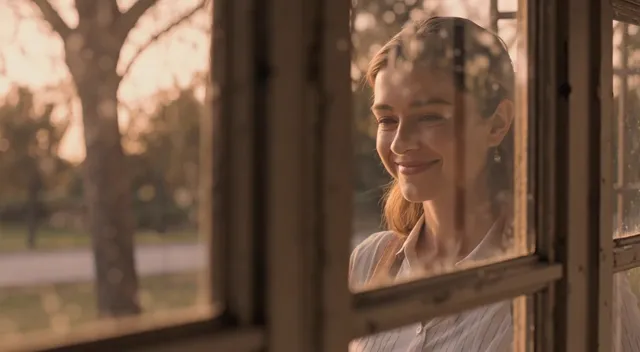 Golden hour light filters through dusty glass windows, casting warm amber and rose hues over a dreamlike flashback sequence.