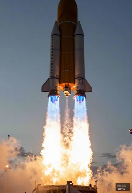 Extreme close-up of twin rocket engines igniting at dawn, blue-white plasma plumes erupting downward as the launch vehicle…