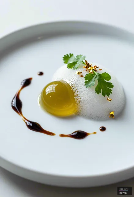 A photorealistic macro food photography shot capturing the intricate artistry of molecular gastronomy.