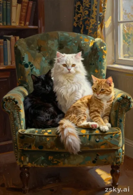 A richly textured oil painting in the style of classical realism, capturing a moment of quiet companionship among three…