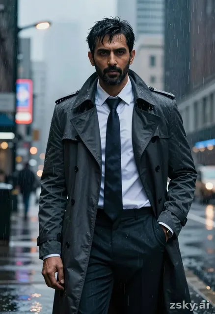 A photorealistic cinematic portrait of a distinguished forty-three-year-old Indian man, embodying the suave, rugged elegance…