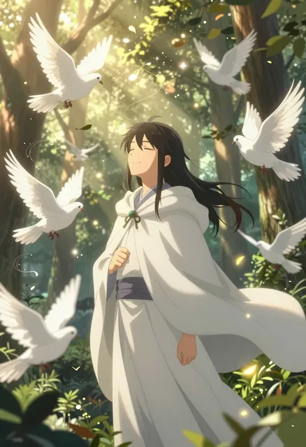 A serene anime-style mage standing in a sunlit forest, gently smiling with eyes closed.