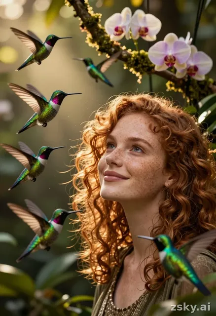 Cinematic close-up of a young woman with curly auburn hair and freckled skin, standing in a sun-dappled jungle clearing at…
