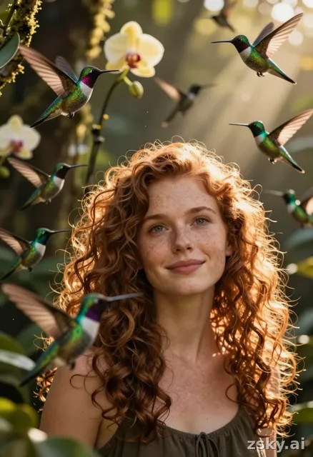 Cinematic close-up of a young woman with curly auburn hair and freckled skin, standing in a sun-dappled jungle clearing at…