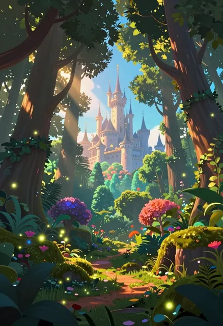 Vibrant and surreal magical fairy tale world, lush colorful forest with towering trees, glowing bioluminescent lights…
