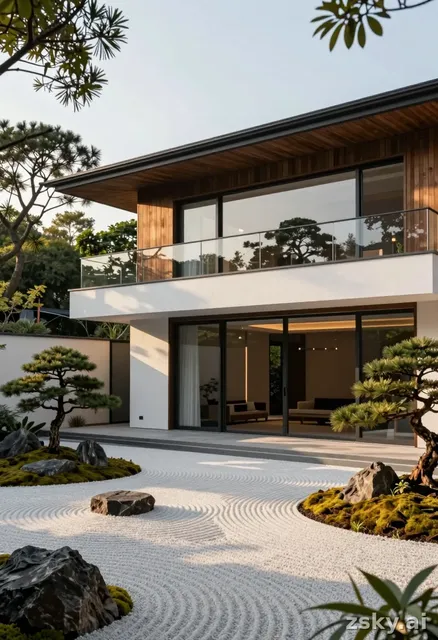 A photorealistic architectural visualization of a serene, contemporary Japanese minimalist residence, captured in a…