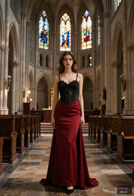 A photorealistic portrait of a young woman standing in a grand, historic cathedral, bathed in the solemn and ethereal glow…