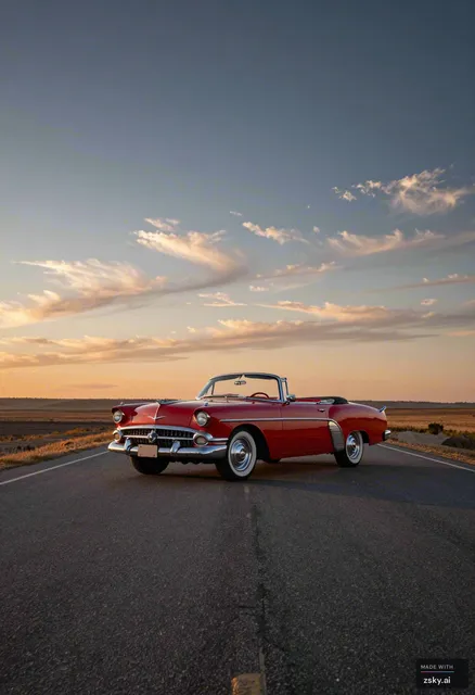 A surreal, dreamlike composition centered on a vintage 1950s red convertible automobile, positioned directly in the middle…