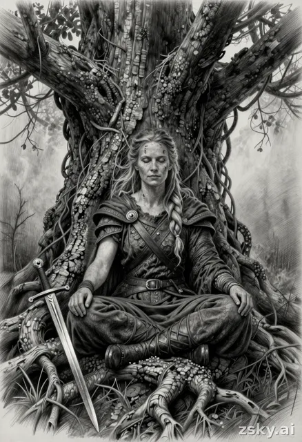 Ancient Viking woman warrior, middle-aged and experienced, sitting in deep meditation, seamlessly merged with a massive…