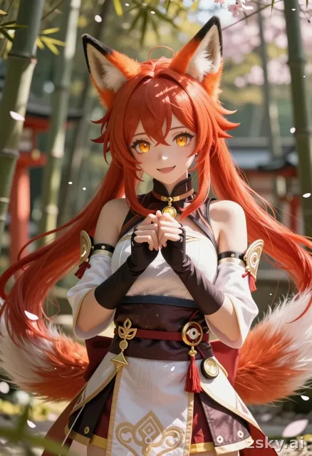 A photorealistic digital illustration of a young female anime-style character embodying the essence of a fox spirit…