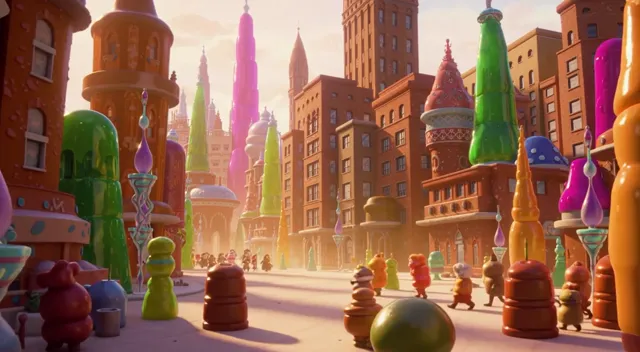 A vibrant 3D animated candy city bathed in bright, colorful lighting, with towering structures made of gummy candies…