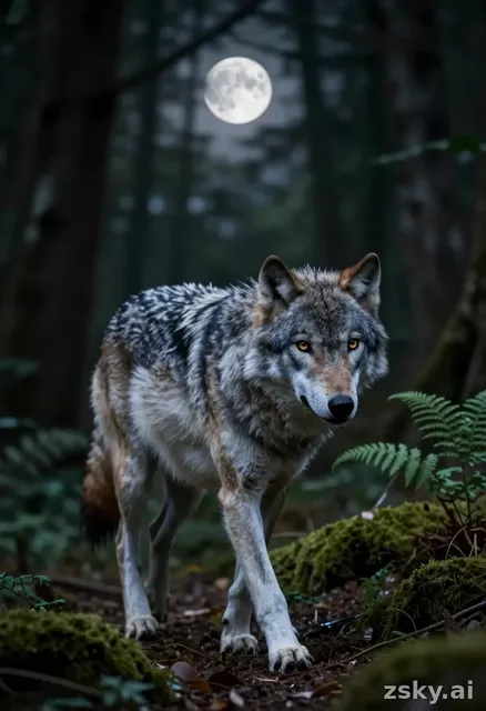 A photorealistic wildlife documentary scene featuring a sleek grey wolf moving with fluid, silent grace through a dense…