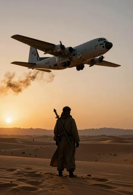 Cinematic realistic desert war scene at sunset.
