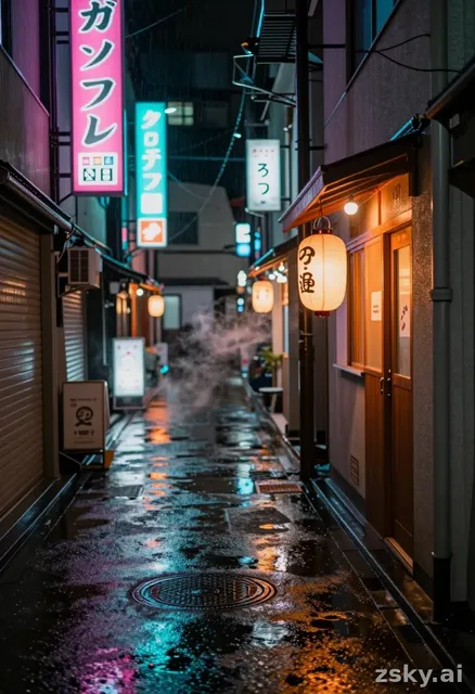 Wide cinematic anamorphic shot of an empty Tokyo back alley at night, neon kanji signs flickering pink and cyan above wet…