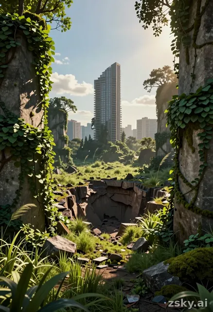 A photorealistic architectural landscape showing a surreal, silent world where all human-made materials have instantly…