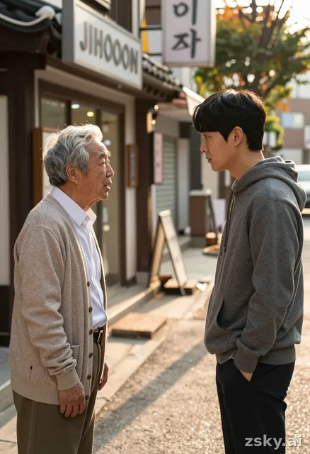 A tender, cinematic scene captured in the warm, nostalgic style of a Korean slice-of-life film, evoking the gentle…