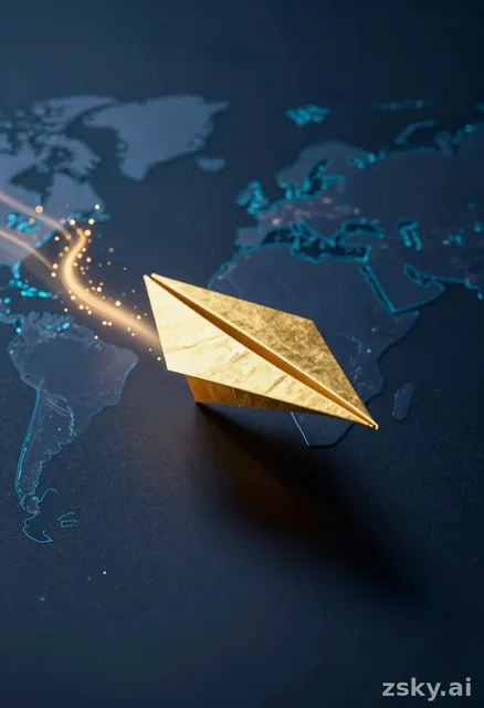 A photorealistic 3D render of a meticulously crafted golden paper airplane soaring dynamically through a vast, abstract…