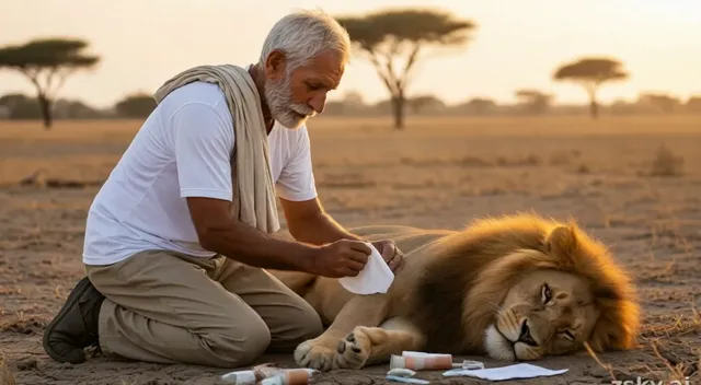 a man sitting on the ground with a lion gently tends to the lion's wound soft ambient forest sounds and gentle music