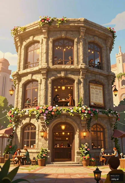 A large and majestic guild headquarters building located in the middle of a lively fantasy city in summer.