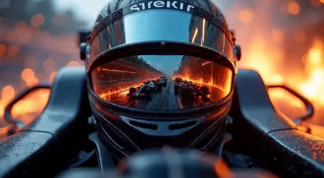 Extreme macro close-up of an F1 driver's mirrored helmet visor, the reflection of the grandstand, podium and golden trophy…