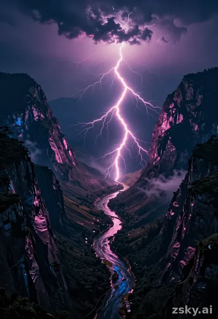 Wide aerial cinematic shot of neon-pink lightning rivers flowing through deep dark mountain valleys at night, the bolts…