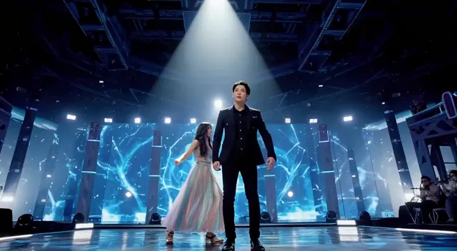A cinematic video of a K-pop idol and his girlfriend performing on stage, bathed in dynamic blue and purple lighting that…